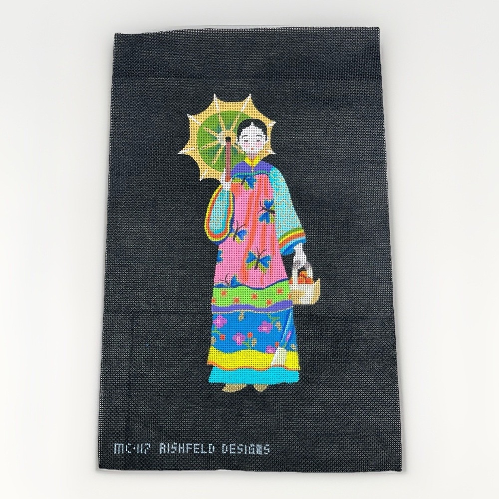 Rishfeld Designs Handpainted Needlepoint Canvas Asian Geisha Umbrella Fruit